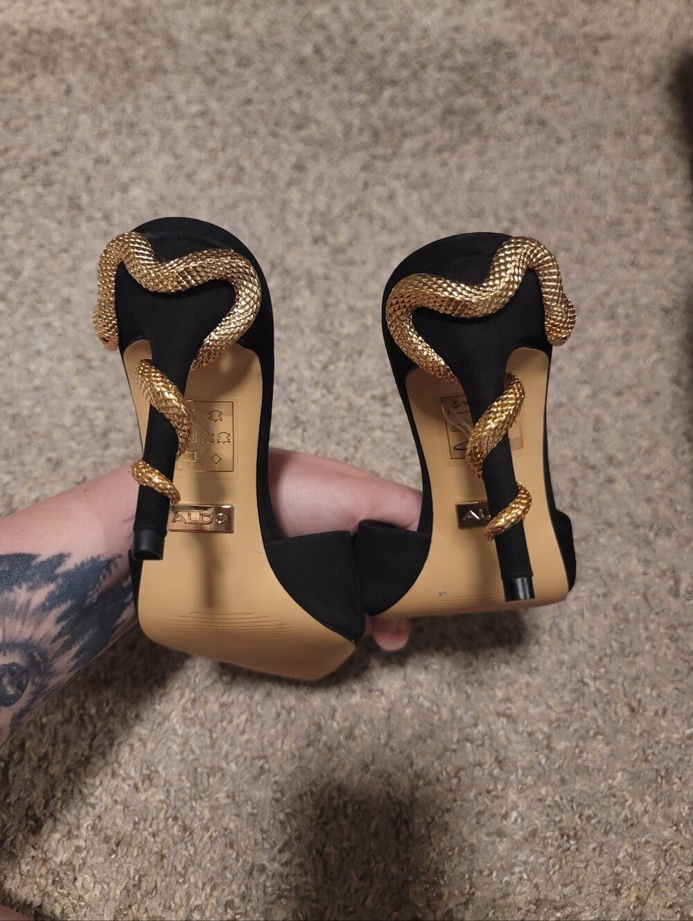 Aldo Seashella Slip On Stiletto Heels Mule Sandals Black Suede Gold Snake 6 - Picture 10 of 13